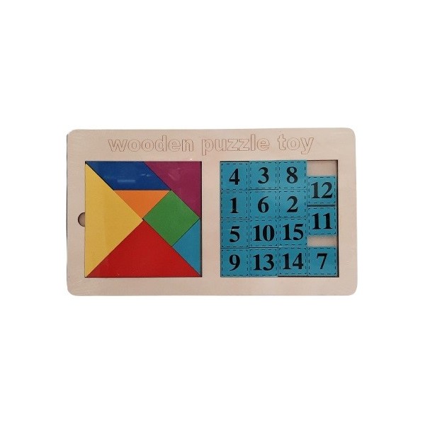 Puzzle lemn educativ - Tangram forme geometrice si numere 1-15, 22 piese, 3+ ani, Colorarte