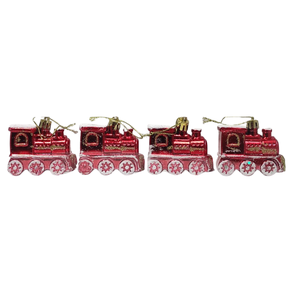 Globuri brad Craciun CNX 9270-8, locomotiva, PVC, rosu, set 4 buc