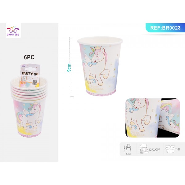 Pahar carton pentru petrecere PartyGo, 250 ml, carton, imprimeu unicorn, BR0023-T, set 6 buc