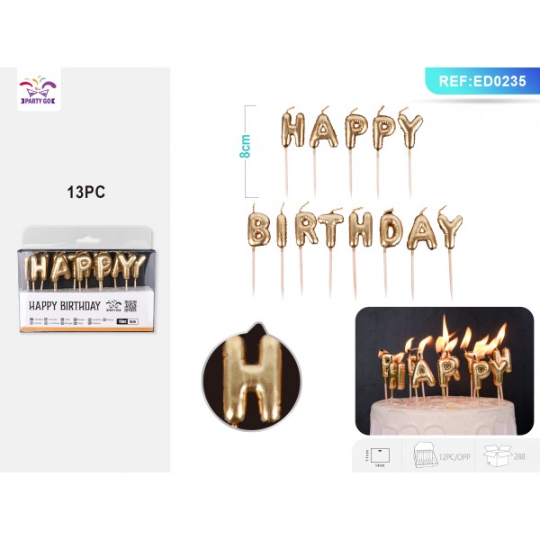 Lumanari aniversare pentru tort PartyGo Happy Birthday, auriu, ED0235, set 13 buc