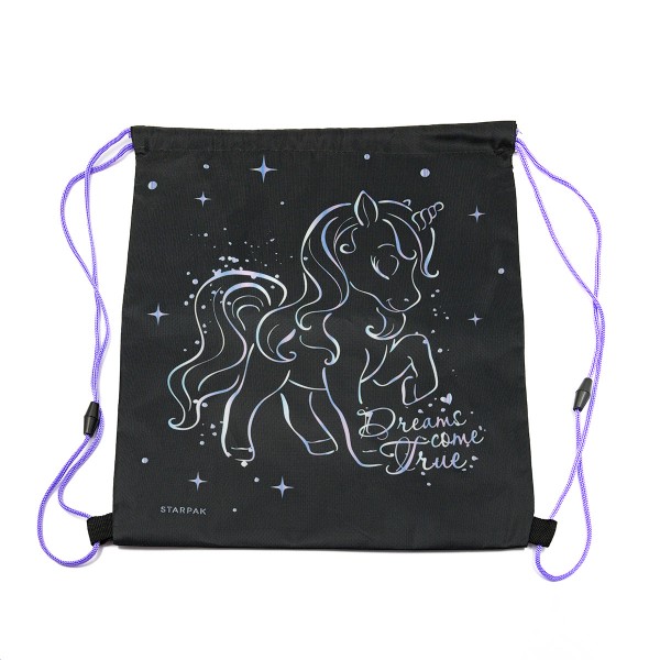 Rucsac cu snur pentru copii Starpak Unicorn Holo 527157, negru cu mov, 38.5x33cm