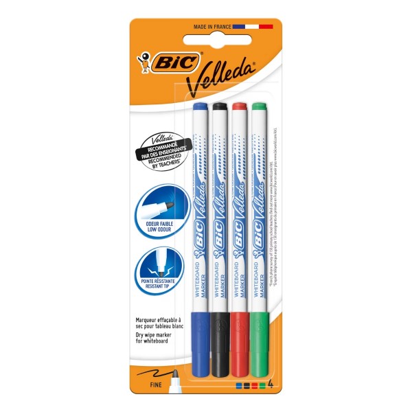 Marker tabla Bic Velleda 1721, varf rotund, 1.5mm, set 4 culori (verde, negru, albastru, rosu)