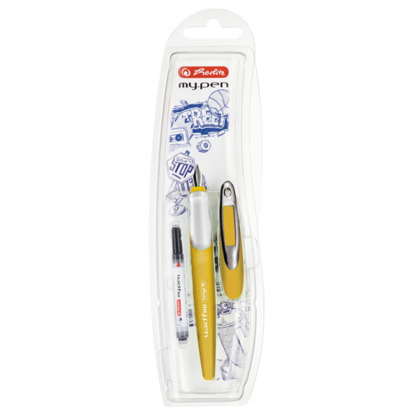 Stilou Herlitz My Pen 50041251, varf M, alimentare rezerve, corp plastic galben mustar / alb, grip cauciucat