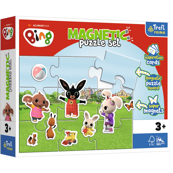 Set Puzzle magnetic 9 piese + 12 cartoane + magneti Trefl Primo - Bing - Lumea lui Bing, 516181, 3+ ani