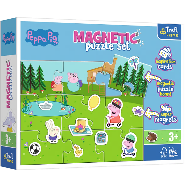 Set Puzzle magnetic 9 piese + 12 cartoane + magneti Trefl Primo - Peppa Pig - Peppa Pig se distreaza, 516179, 3+ ani