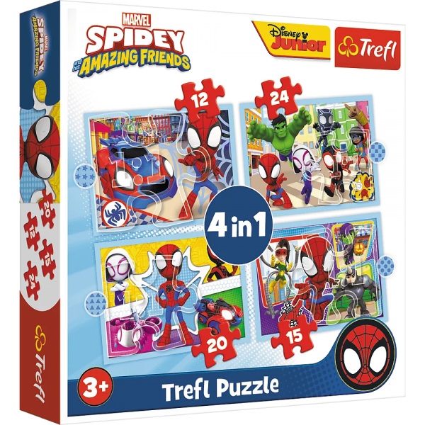 Puzzle carton 4in1 12, 15, 20, 24 piese Trefl Spidey - Echipa lui Spidey, 495655, 3+ ani