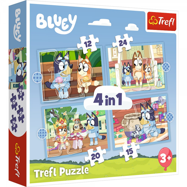 Puzzle carton 4in1 12, 15, 20, 24 piese Trefl Bluey - Lumea lui Bluey, 531554, 3+ ani