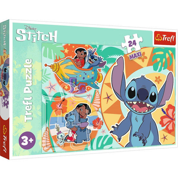 Puzzle carton 24 piese Trefl Maxi - Stitch - Ziua vesela a lui Lilo si Stitch, 539305, 3+ ani