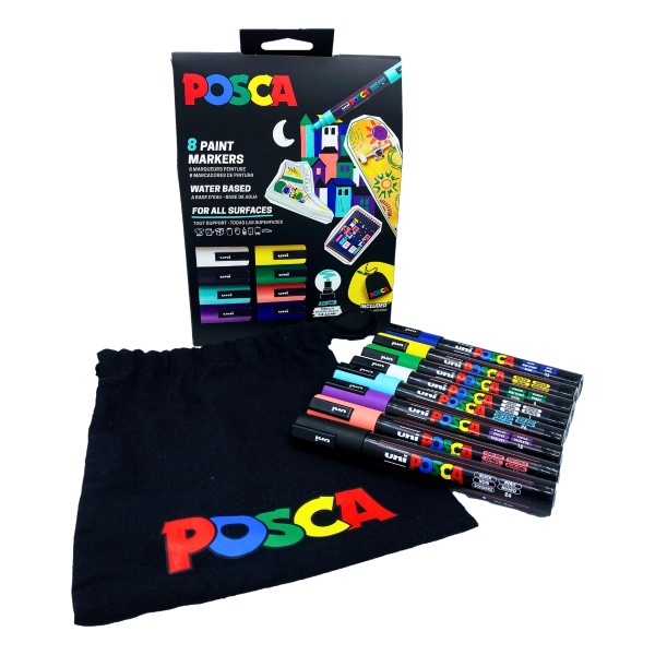 Set 8x Marker UNI Posca PC-5M, varf rotund, 1.8-2.5mm, cutie carton + saculet textil