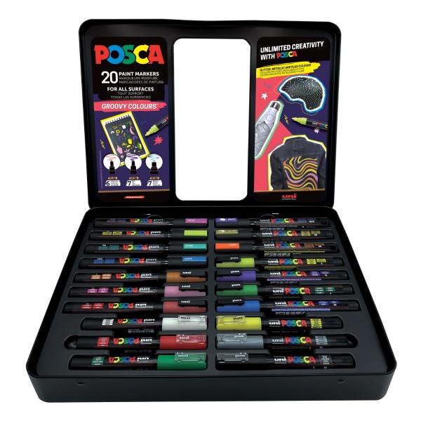 Set 20x Marker UNI Posca Groovy Colours, cutie metalica (6x PC-1M, 7x PC-3ML, 7x PC-5M)