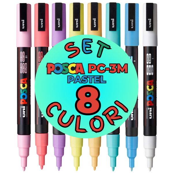 Marker UNI Posca PC-3M, varf rotund, 0.9-1.3mm, set  8 culori pastel