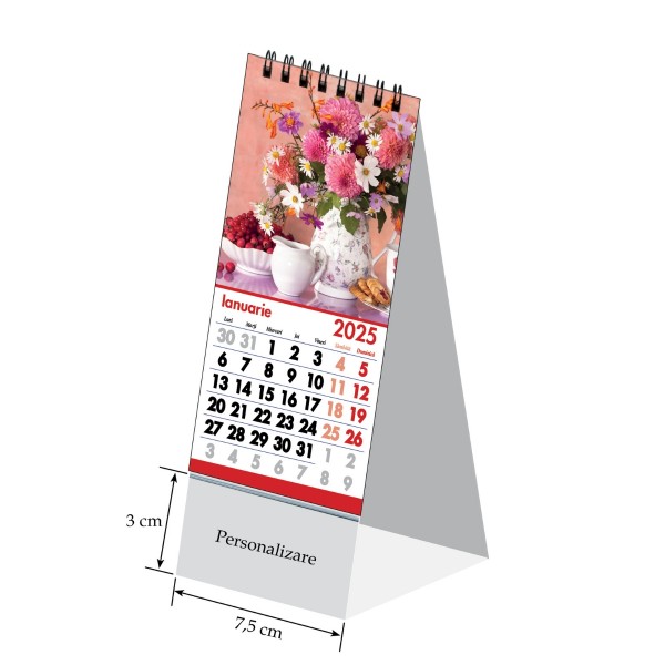 Calendar de birou Unicart mini Flori, 7.5x15cm + 3cm pentru personalizare, cu spira